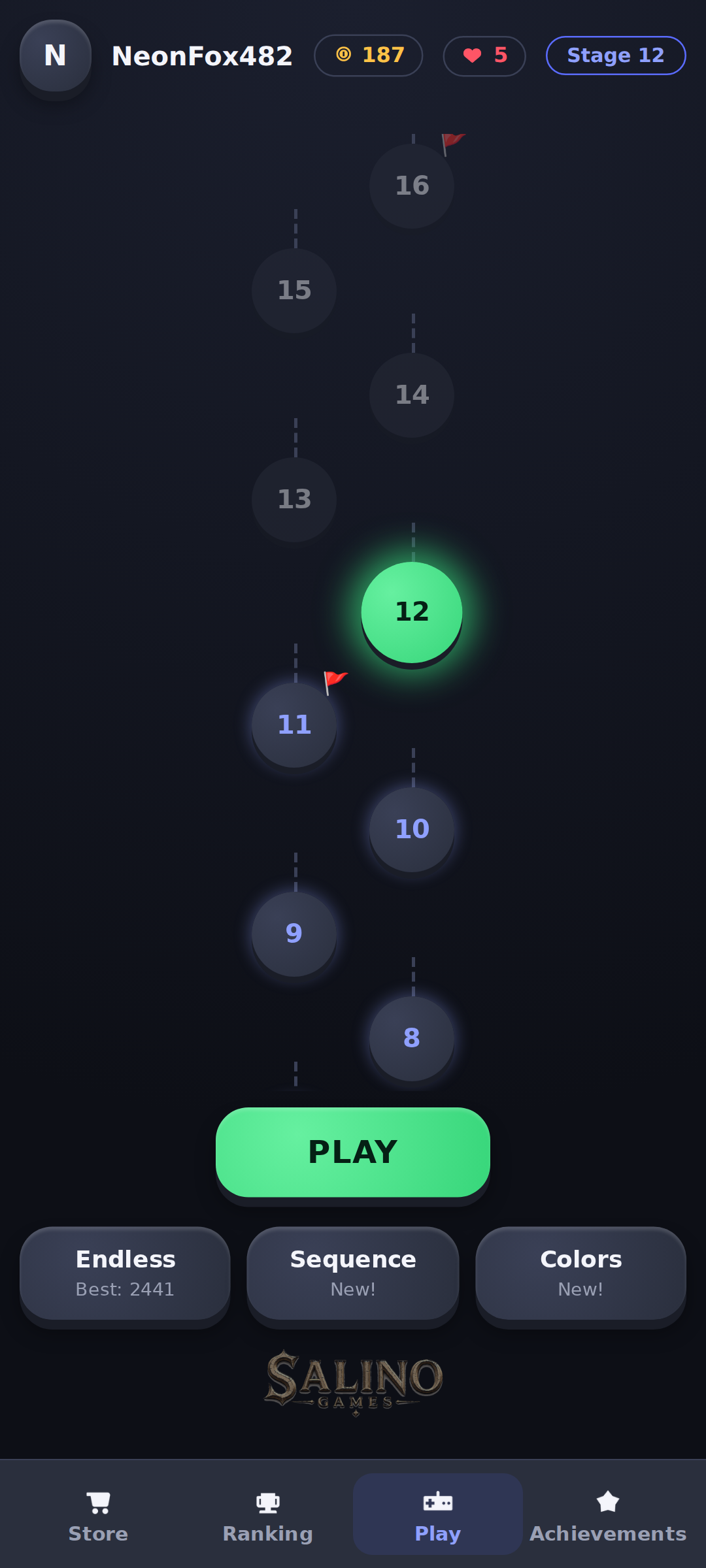 Glowmory home screen with glowing menu tiles