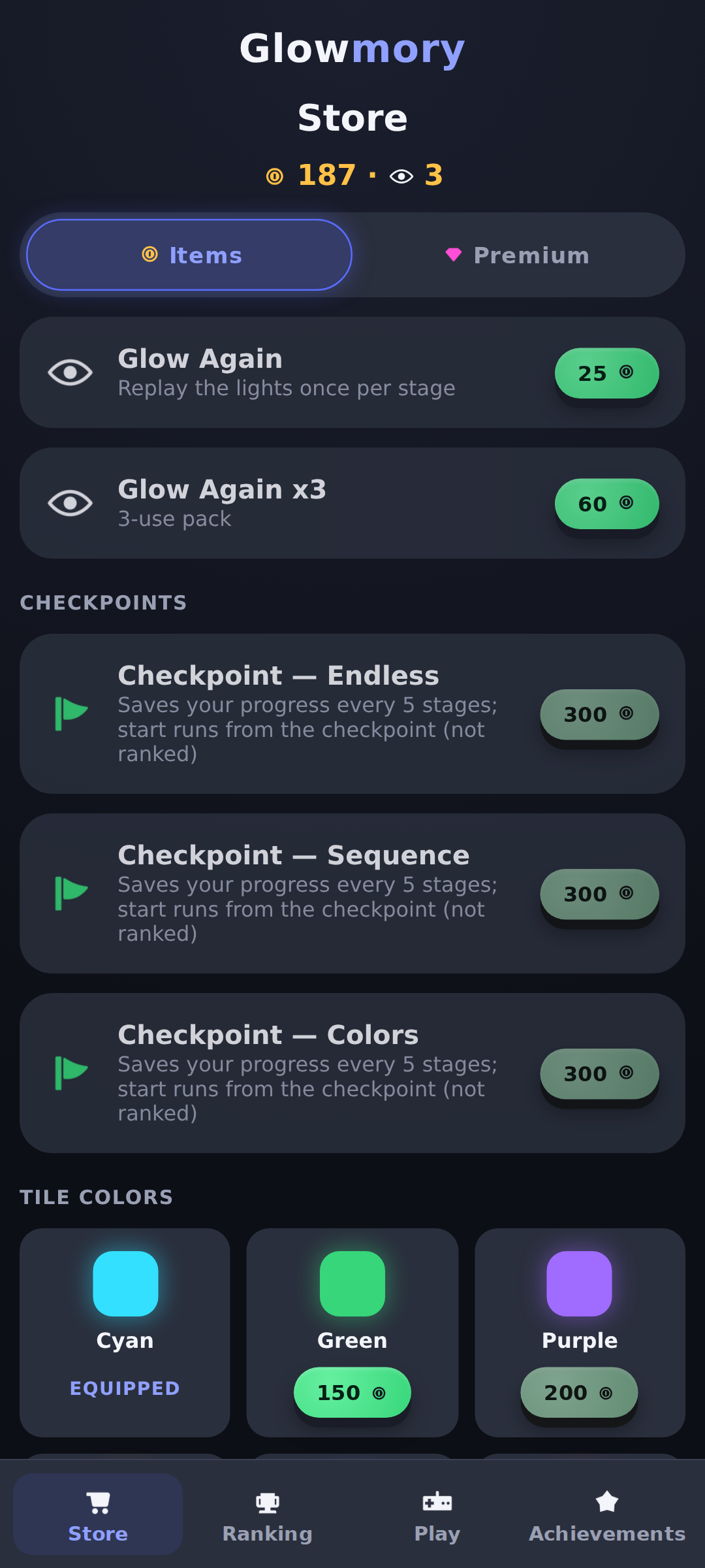 In-game store with collectible tile colors and checkpoints