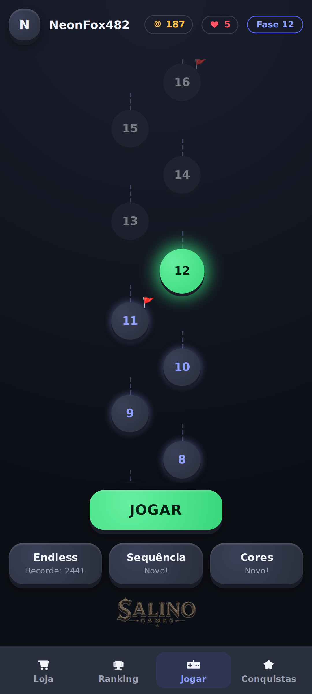 Tela inicial do Glowmory com tiles de menu brilhantes