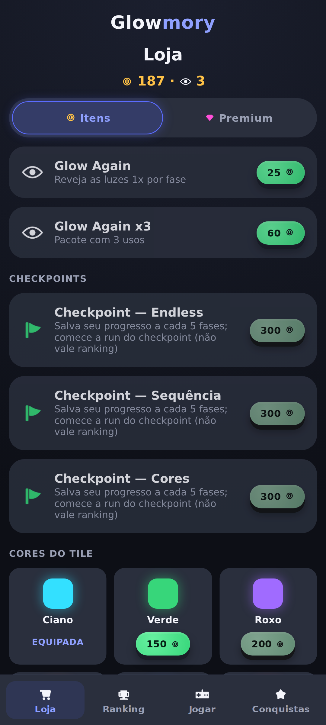 Loja do jogo com cores de tile colecionáveis e checkpoints